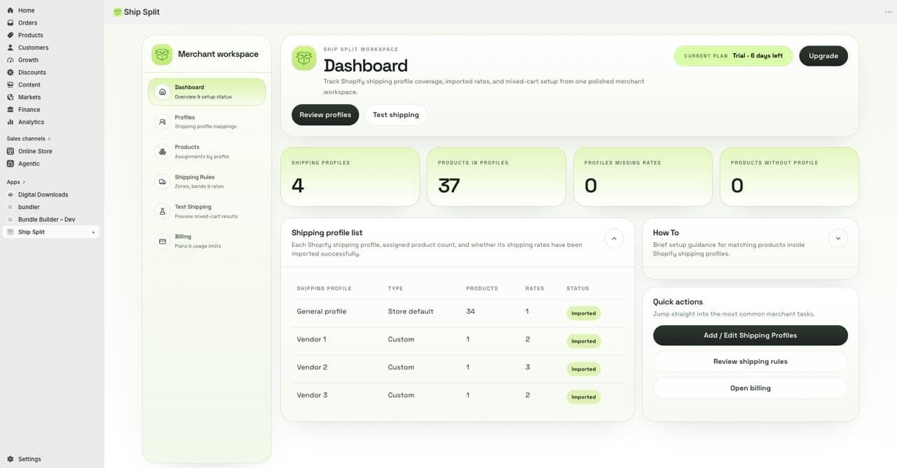 Ship Split dashboard screenshot showing the merchant workspace.