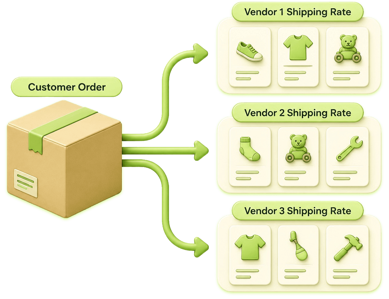 Customer order being split into vendor shipping rate groups.